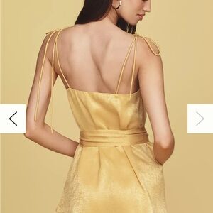 Anthropologie Golden Yellow silky, tie waist square neck romper